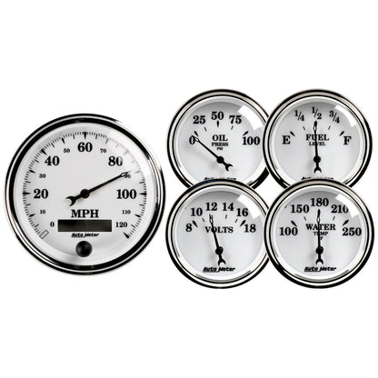 5 PC. GAUGE KIT 3-3/8 In. & 2-1/16 In.  ELEC. SPEEDOMETER OLD TYME WHITE II