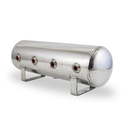 2.5 Gallon Aluminum Air Tank; (4) 1/4 In.  Face Ports; 6 In.  D X 20 In.  L Light Weight Polished Aluminum 200PSI Maximum Operating Pressure.