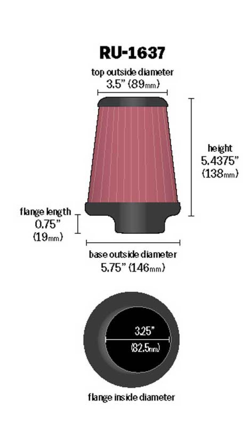K&N Universal Clamp-On Air Filter 3-1/4in FLG / 5-3/4in B / 3-1/2in T / 5-7/16in H RU-1637