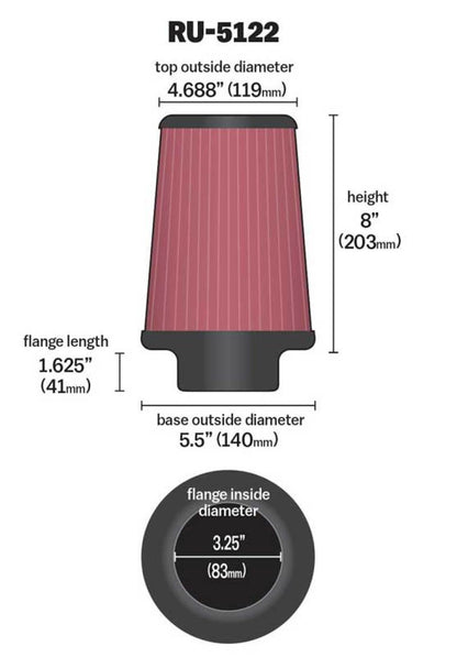 K&N Filter Universal Rubber Filter 3.25  Flange 5.5 Base 4.6875 Top 8 Height RU-5122