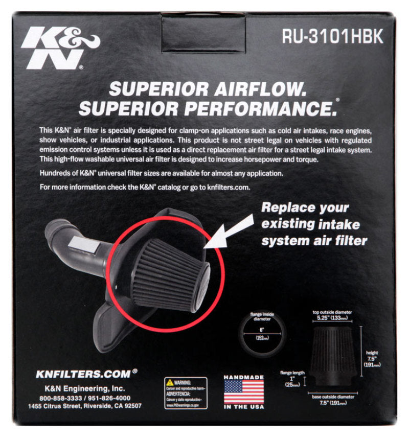 K&N Universal Rubber Filter Round Tapered 6in Flange ID x 7.5in Base OD x 5.25in Top OD x 8in Height RU-3101HBK