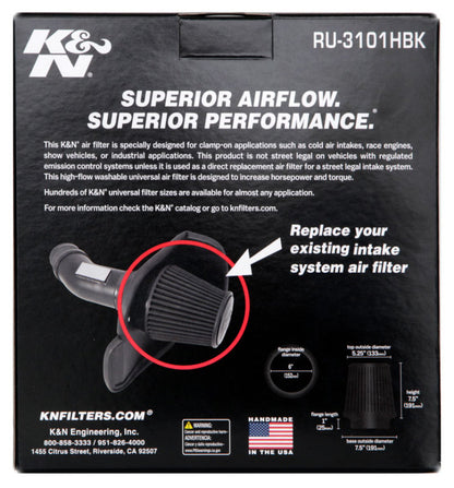 K&N Universal Rubber Filter Round Tapered 6in Flange ID x 7.5in Base OD x 5.25in Top OD x 8in Height RU-3101HBK