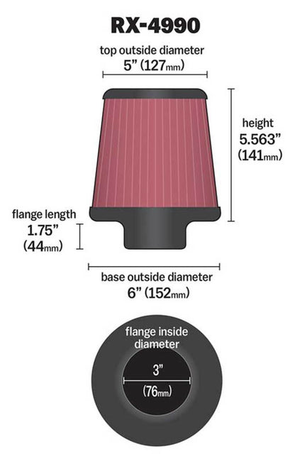 K&N Filter Universal X Stream Clamp-On 3 inch Flange 6 inch Base  5 inch Top 5 9/16 inch Height RX-4990