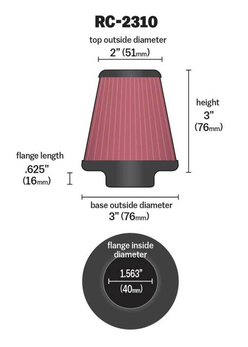 K&N Universal Round Tapered Chrome Filter 1.563in Flange ID x 3in Base OD x 2in Top OD x 3in H RC-2310