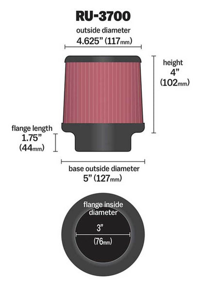 K&N Univeral Rubber Filter Round Tapered 4.625in Top OD x 5in Base OD x 4in H RU-3700