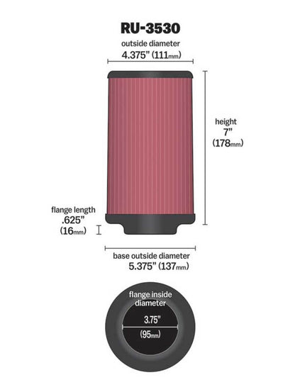 K&N Universal Rubber Filter 3.75in FLG x 5.375in Base x 5.375in Top x 7in Height RU-3530