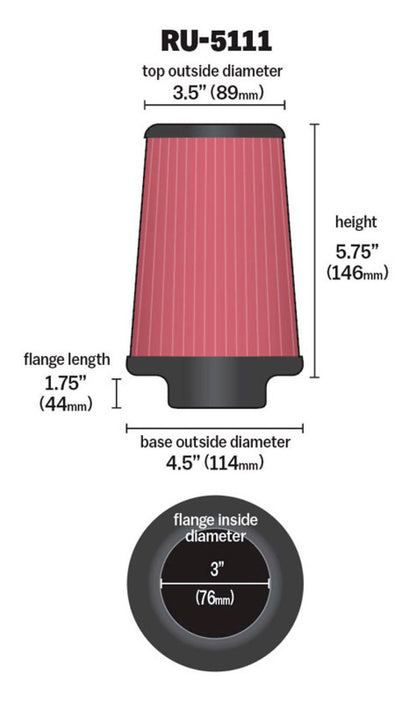 K&N Filter Universal Rubber Filter 3  Flange 4 1/2 Base inch 3 1/2 inch Top 5 3/4 inch Height RU-5111