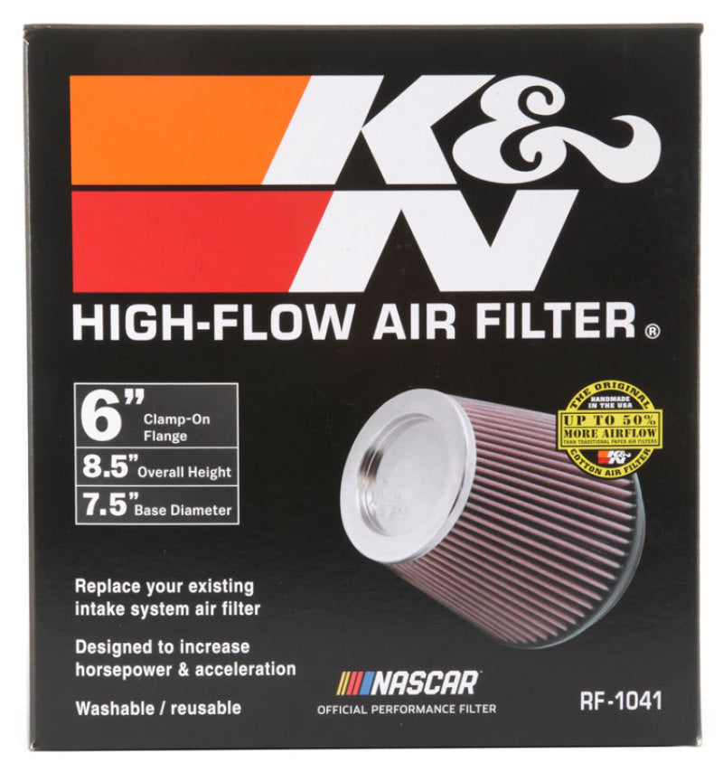 K&N Round Tapered Universal Air Filter 6 inch Flange 7 1/2 inch Base 5 inch Top 7 1/2 inch Height RF-1041