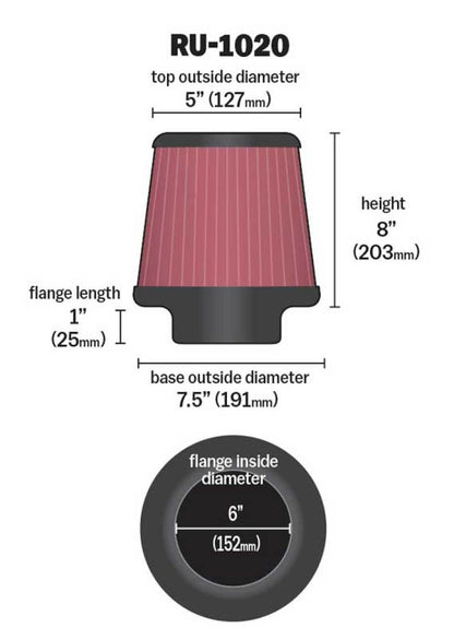 K&N Universal Tapered Filter 6in Flange ID x 7.5in Base OD x 5in Top OD x 8in Height RU-1020