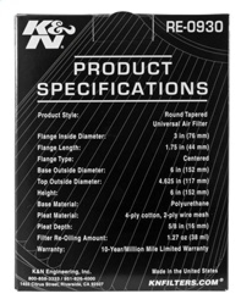K&N Universal Rubber Filter - Round Tapered 6in Base OD x 3in Flange ID x 6in H RE-0930