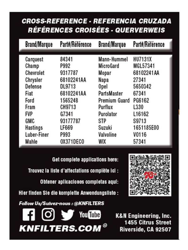 K&N Performance Oil Filter - 14-18 Fiat 500L 1.4L L4 Gas HP-7041