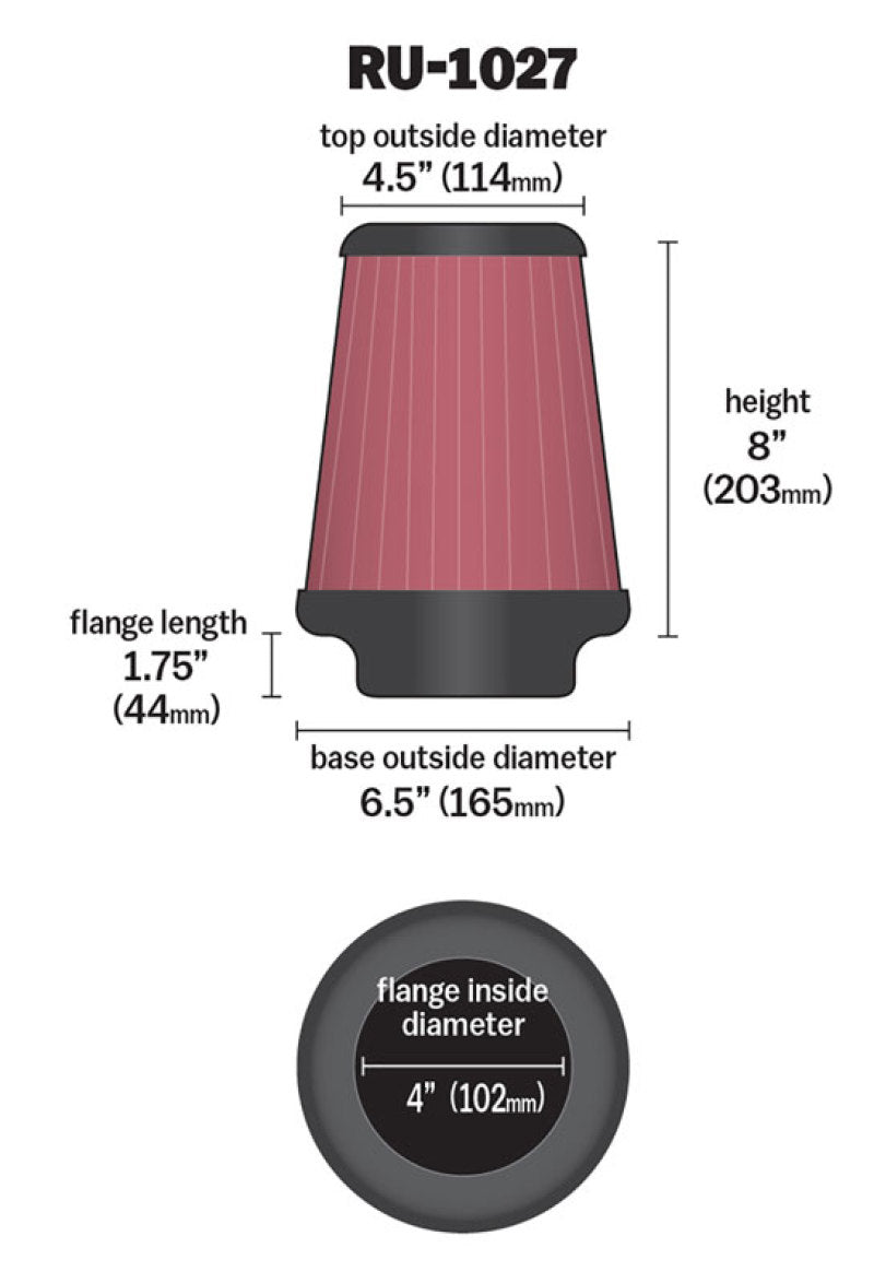 K&N Universal Clamp-On Air Filter 4in FLG / 6-1/2in B / 4-1/2in T / 8in H RU-1027