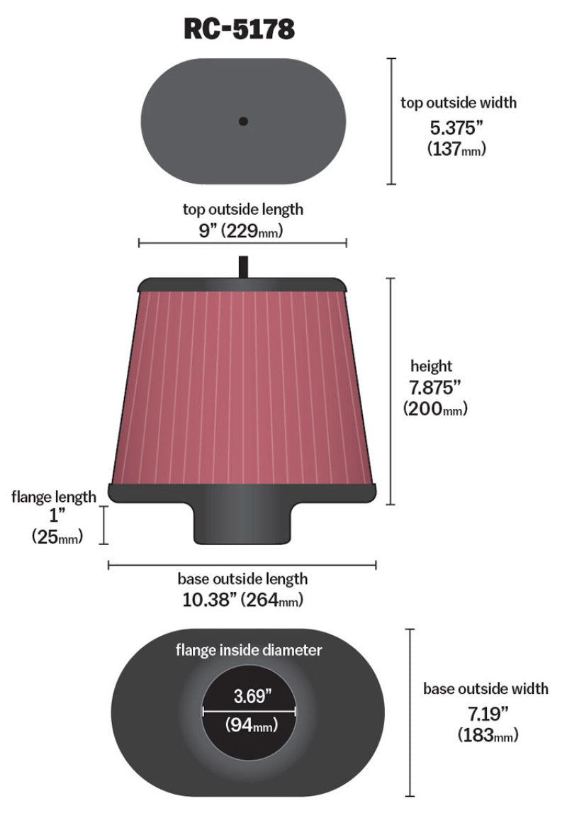 K&N Universal Air Filter - Oval Straight - 3.688in Flange ID x 10.25in Base O/S Length x 7.875in H RC-5178
