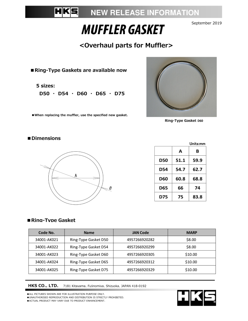 HKS Muffler Gasket 60.8mm ID 68.8mm OD 34001-AK023