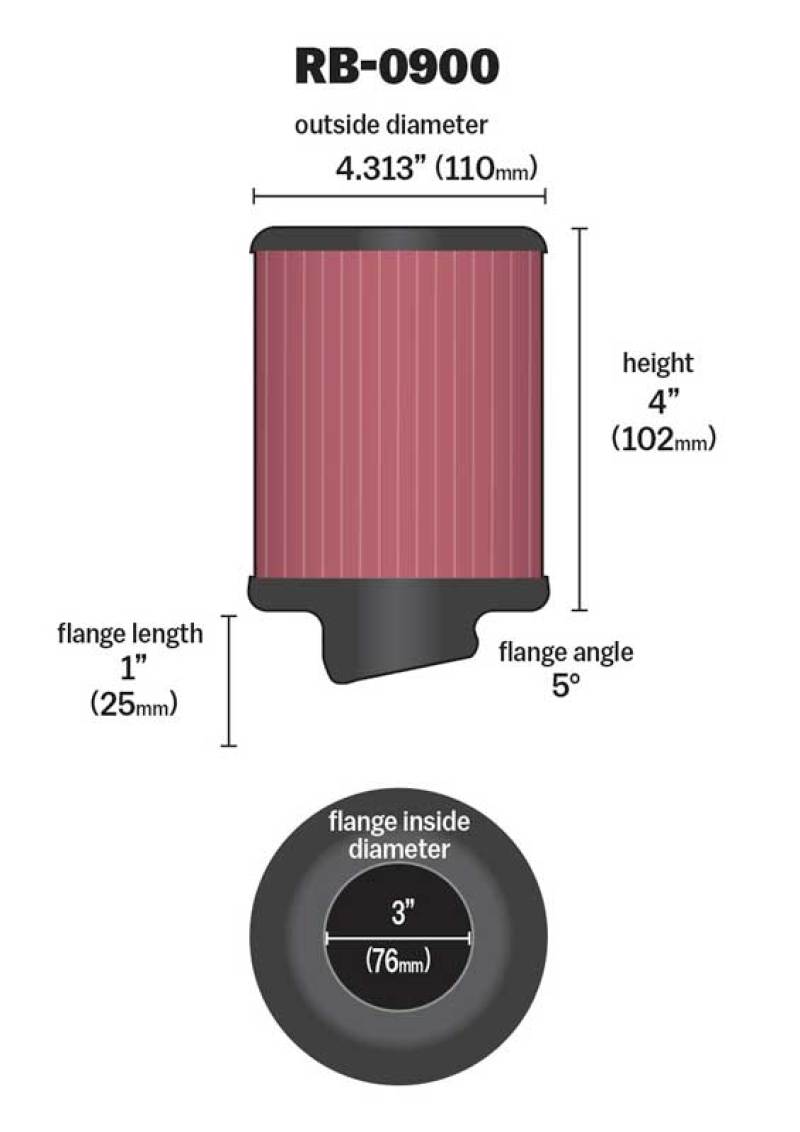 K&N Universal Rubber Filter 3 inch 5 Degree FLG 4 1/2 inch OD 4 inch Height RB-0900