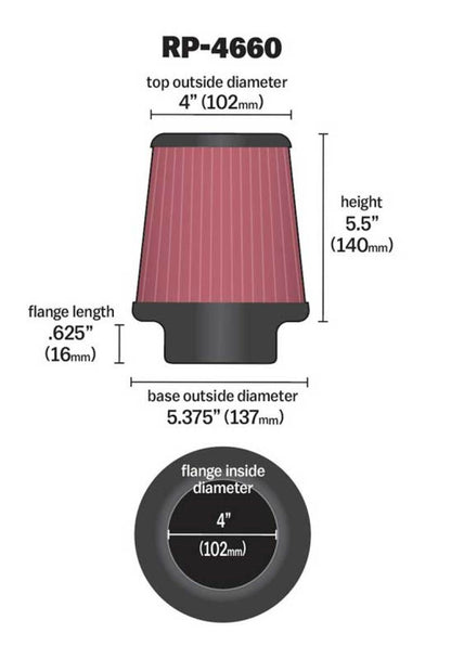 K&N Universal Air Filter - Round Tapered 4in Flange ID / 5.375in Base OD / 4in Top OD / 5.5in H RP-4660