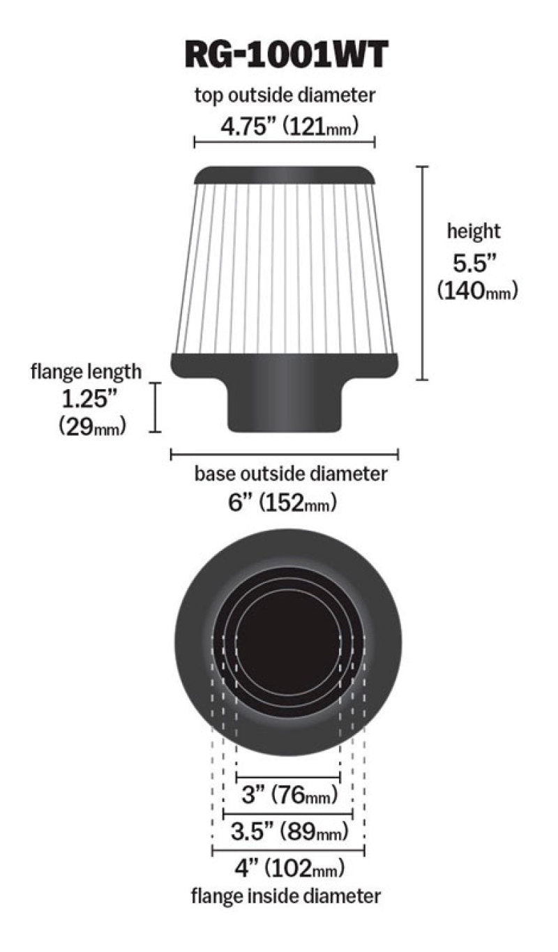 K&N Universal Filter Chrome Round Tapered White - 4in Flange ID x 1.125in Flange Length x 5.5in H RG-1001WT