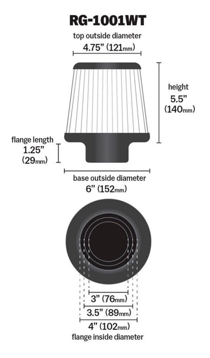 K&N Universal Filter Chrome Round Tapered White - 4in Flange ID x 1.125in Flange Length x 5.5in H RG-1001WT