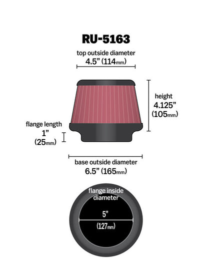 K&N Universal Rubber Filter 5in Flange ID x 6.5in Base OD x 4.5in Top OD x 4.125in Height RU-5163