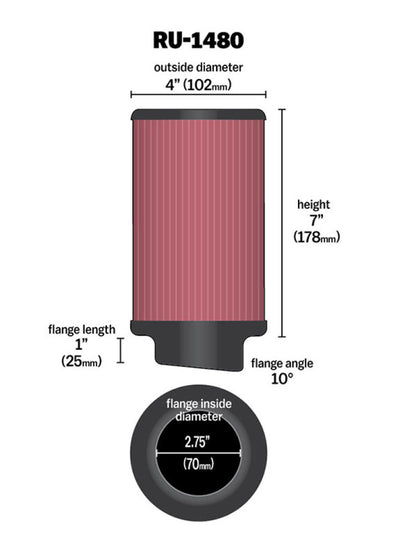 K&N Filter Universal Rubber Filter 10 Degree Flange Angle 4in OD x 2.75in Flange ID x 7in H RU-1480