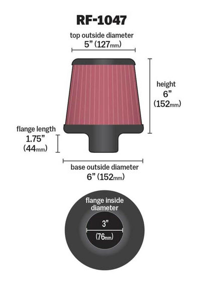 K&N Round Tapered Universal Air Filter 3 inch Flange 6 inch Base 5 inch Top 6 inch Height RF-1047