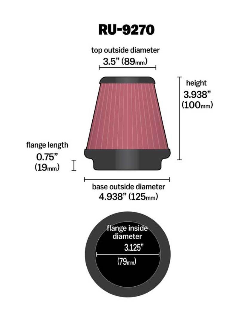 K&N Universal Tapered Filter 3-1/8in Flange IDx4-15/16in Base OD x 3-1/2in Top OD x 3-15/16in Height RU-9270