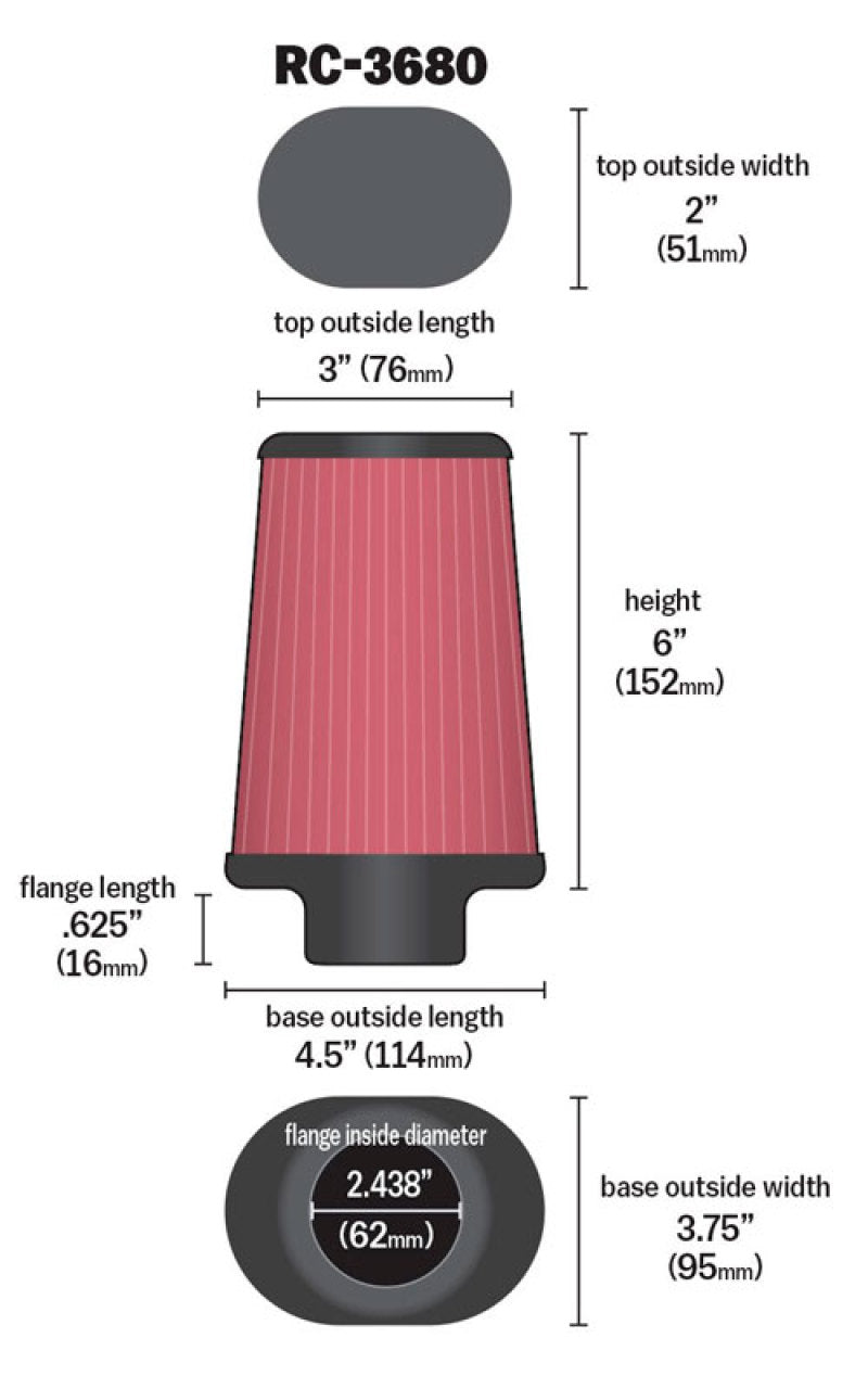 K&N Universal Clamp-On Air Filter 2-7/16in Flange 4-1/2x3-3/4in Base 3x2in Top 6in Height RC-3680