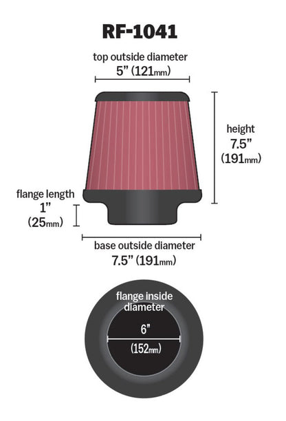 K&N Round Tapered Universal Air Filter 6 inch Flange 7 1/2 inch Base 5 inch Top 7 1/2 inch Height RF-1041