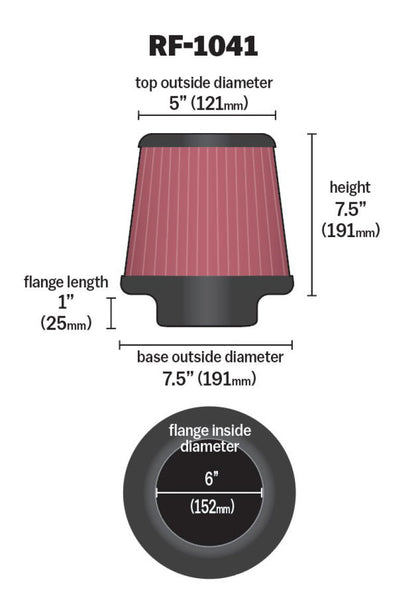K&N Round Tapered Universal Air Filter 6 inch Flange 7 1/2 inch Base 5 inch Top 7 1/2 inch Height RF-1041