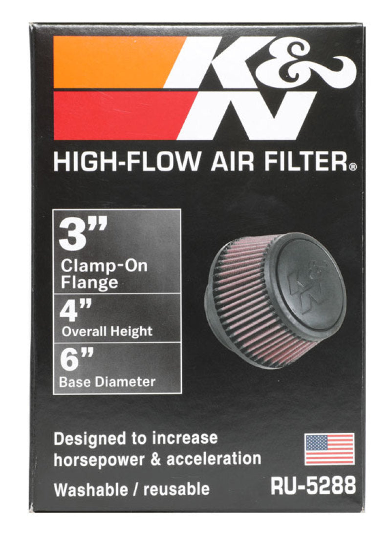 K&N Universal Round Clamp-On Air Filter 3in Flange ID x 6in Base OD x 4.625in Top OD x 3in Height RU-5288