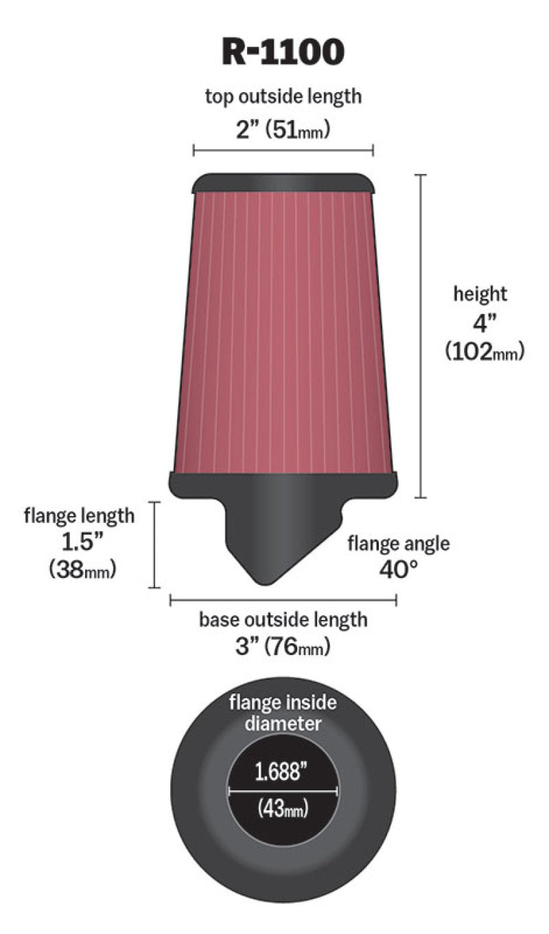K&N Universal Rubber Filter Round Tapered 3in Base OD x 2in Top OD x 4in H - 73-78 Honda ATC90 R-1100
