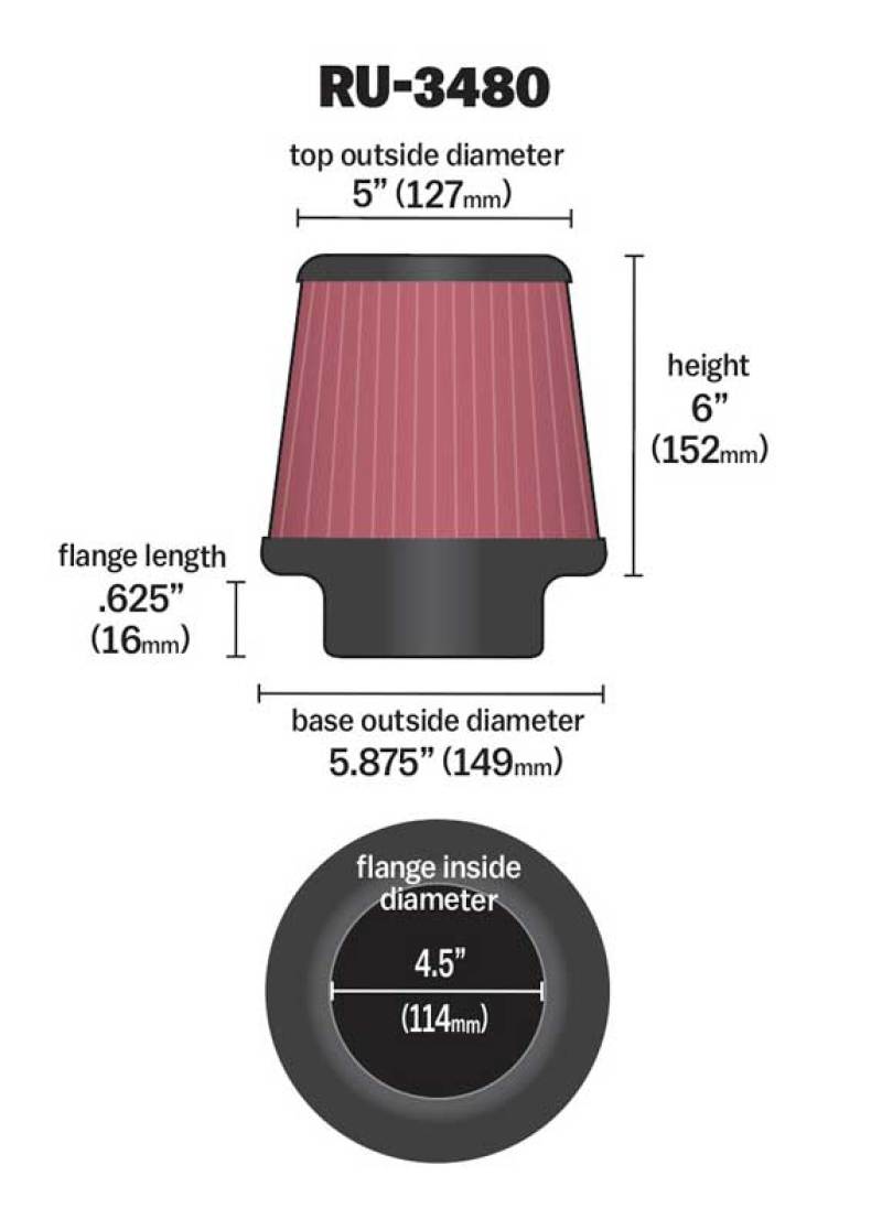 K&N Universal Rubber Filter 4 1/2 inch FLG / 5 7/8 inch Base / 5 inch Top / 6 inch Height RU-3480