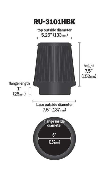 K&N Universal Rubber Filter Round Tapered 6in Flange ID x 7.5in Base OD x 5.25in Top OD x 8in Height RU-3101HBK