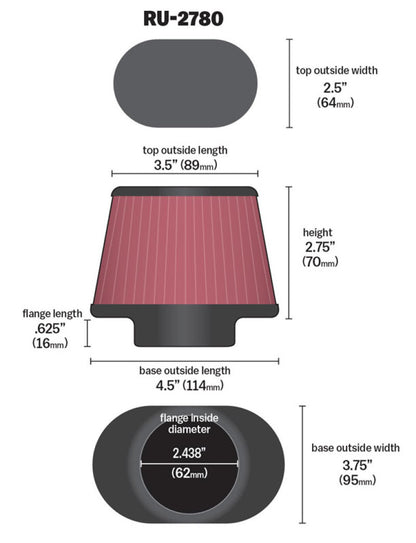 K&N Filter Universal Rubber Filter 2 7/16 inch Flange 4.5x3.75 inch Base 3.5x2.5 inch Top 2.75 inch RU-2780