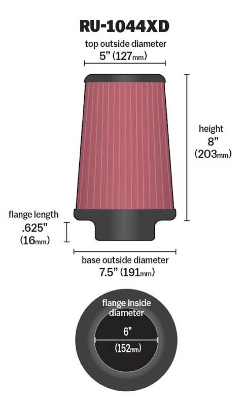 K&N Universal Clamp-On Air Filter 6in FLG / 7-1/2in B / 5in T / 8in H RU-1044XD