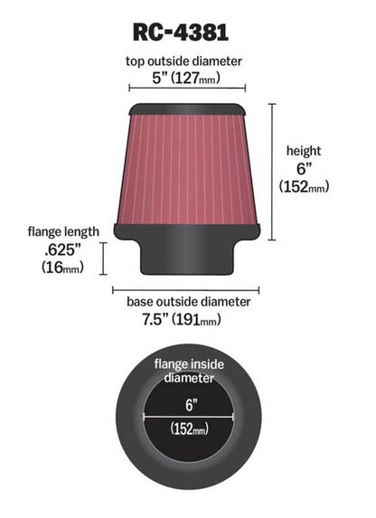 K&N Universal Chrome Filter 6in Flange ID x 7.5in Base OD x 5in Top OD x 6in H RC-4381