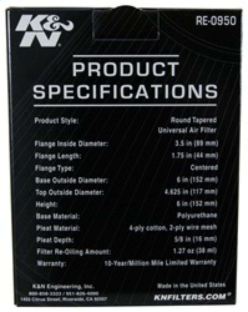 K&N Universal Rubber Filter 3 1/2inch ID FLG / 6inch Base / 4-5/8inch Top / 6inch Height RE-0950
