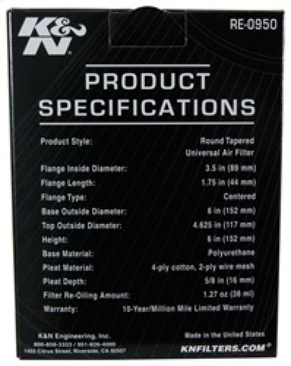 K&N Universal Rubber Filter 3 1/2inch ID FLG / 6inch Base / 4-5/8inch Top / 6inch Height RE-0950
