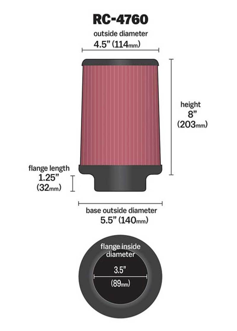 K&N Universal Chrome Filter 3 1/2 inch FLG / 5 1/2 inch Bottom / 4 1/2 inch Top / 8 inch Height RC-4760
