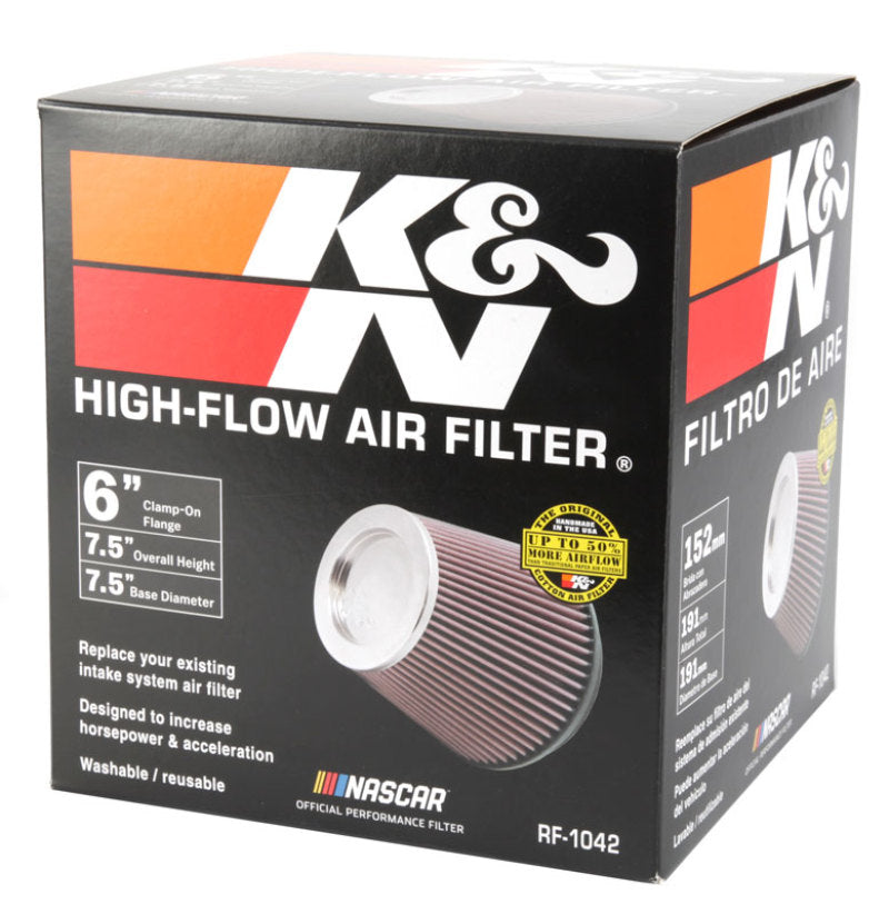 K&N Round Tapered Universal Air Filter 6in Flange ID x 7.5in Base OD x 5in Top OD x 6.5in Height RF-1042