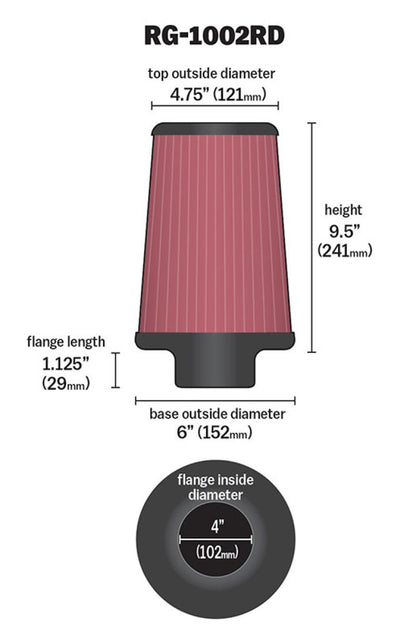 K&N Universal Air Filter Chrome Round Tapered Red - 4in Flange ID x 1.125in Flange Length x 9.5in H RG-1002RD