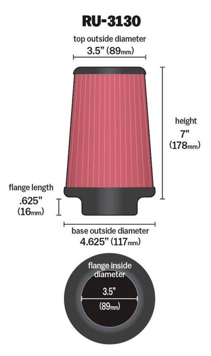 K&N Filter Universal Rubber Filter 3 1/2 inch Flange 4 5/8 inch Base 3 1/2 inch Top 7 inch Height RU-3130