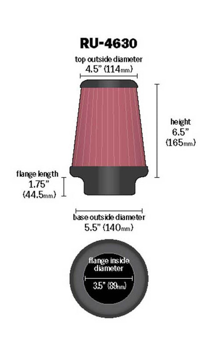 K&N Universal Air Filter 3-1/2in Flange / 5-1/2in Base / 4-1/2in Top / 6-1/2in Height RU-4630