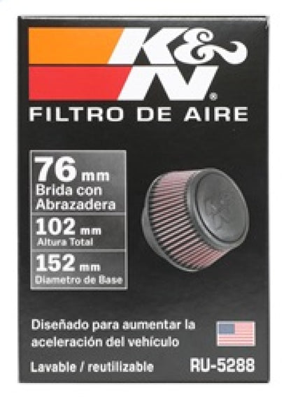 K&N Universal Round Clamp-On Air Filter 3in Flange ID x 6in Base OD x 4.625in Top OD x 3in Height RU-5288
