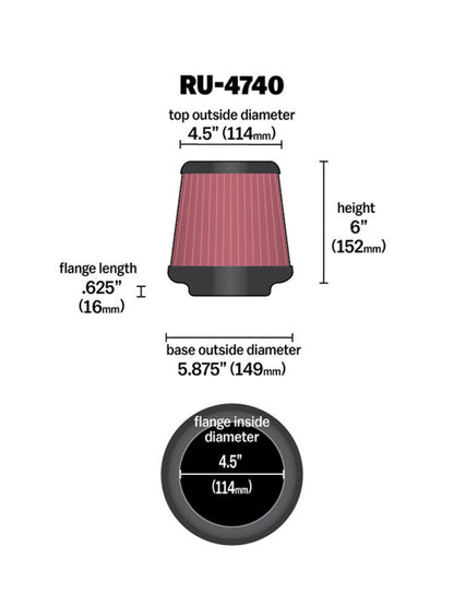 K&N Filter Universal Rubber Filter Round Tapered 4.5in  Flange 5.875in Base 4.5 inch Top 6in  Height RU-4740