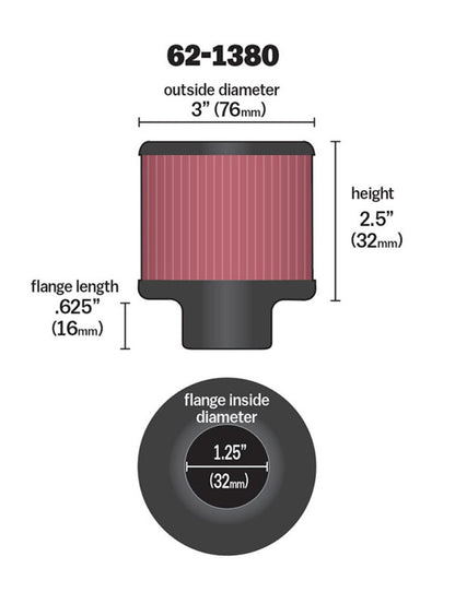 K&N 1.25in Flange ID x 3in OD x 2.5 inch H Rubber Base Crankcase Vent Filter 62-1380