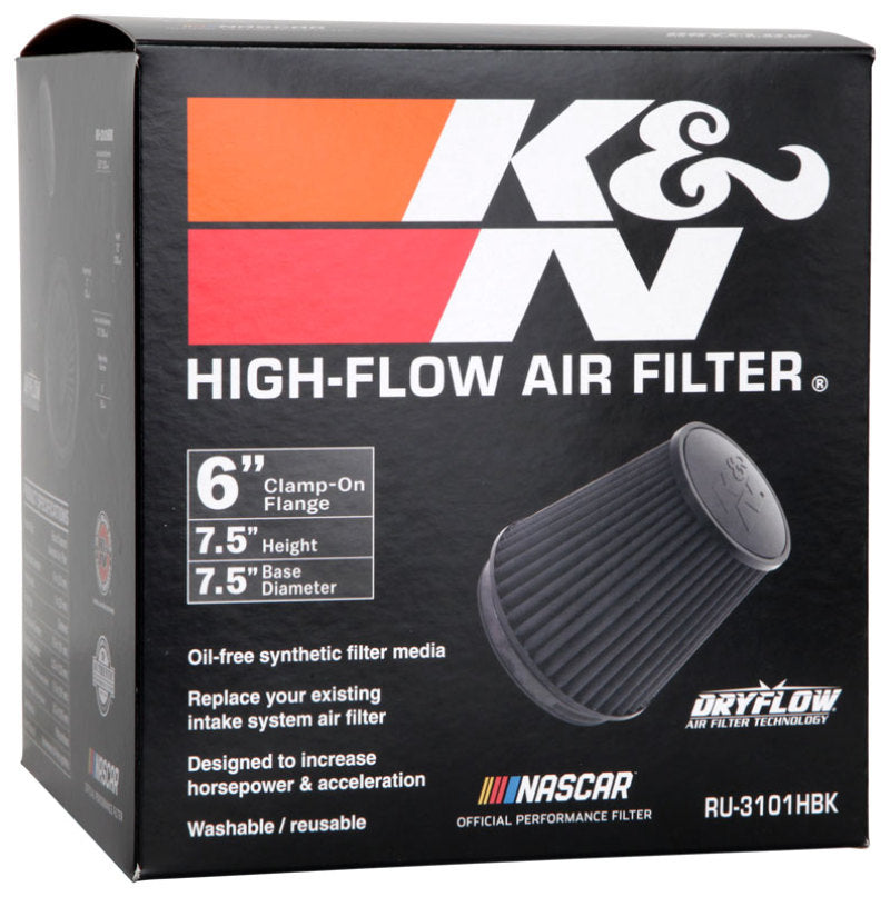 K&N Universal Rubber Filter Round Tapered 6in Flange ID x 7.5in Base OD x 5.25in Top OD x 8in Height RU-3101HBK