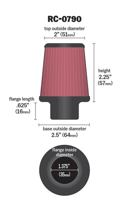 K&N Universal Chrome Filter 1 3/8 inch FLG / 2 1/2 inch Base / 2 inch Top / 2 1/4 inch Height RC-0790