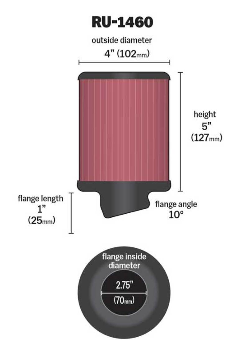 K&N Filter Universal Rubber Filter 2 3/4 inch 10 Degree Flange 4 inch OD 5 inch Height RU-1460