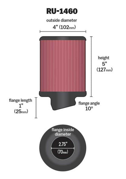 K&N Filter Universal Rubber Filter 2 3/4 inch 10 Degree Flange 4 inch OD 5 inch Height RU-1460